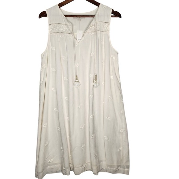 NWT Loft‎ White Summer Shift Dress with Tassels Large Lined Embroidered Details - Picture 1 of 10